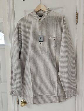 NWT Lee Valley Ireland Mens Green Stripe Flannel Grandfather Shirt Collarless XL